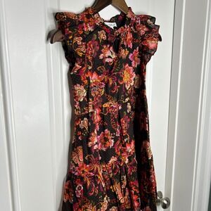 A Loves A Girls Floral Ruffle Dress Kids Size M Black Pink‎ Orange Yellow Cotton